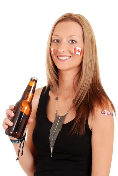 Young woman celebrating canada day with beer — Stock Photo, Image