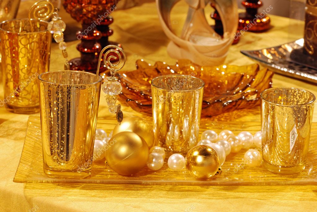 Gold christmas table decorations — Stock Photo © mcgphoto #11782880