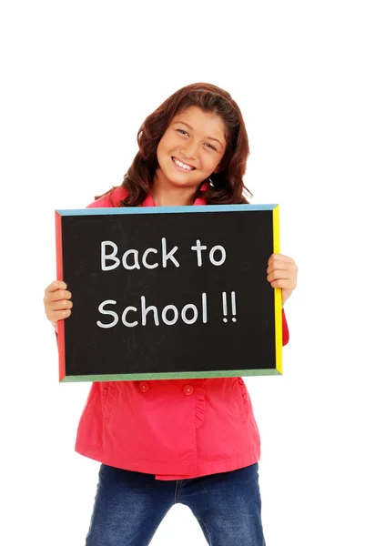 Happy school girl with chalk board — Stock Photo, Image