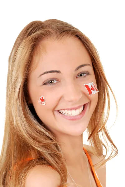 Lycklig tonåring flicka klädd i Kanada dag klistermärken — Stockfoto