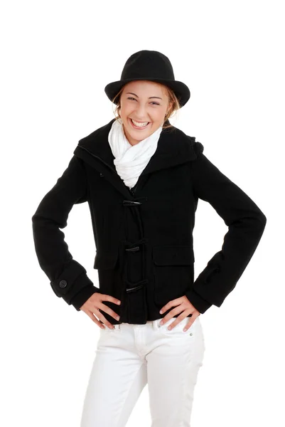 Laughing female teen in winter clothing — Stock Photo, Image
