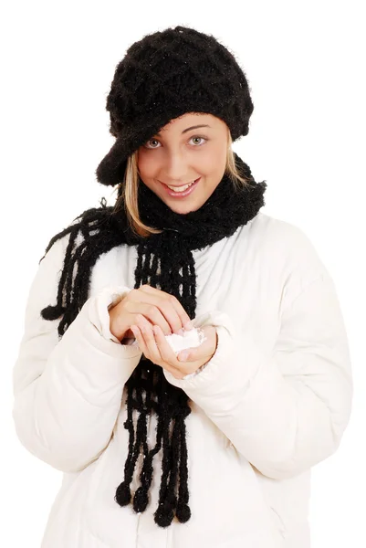 Teen girl playing with snow — Stock Photo, Image
