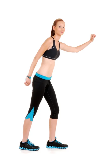 Frau trägt schwarz-blaues Zumba-Fitness-Outfit — Stockfoto