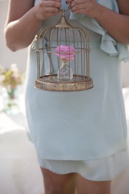 Woman Holding Bird Cage clipart