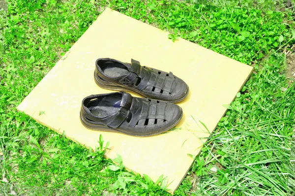Alte Schuhe auf grünem Gras. — Stockfoto
