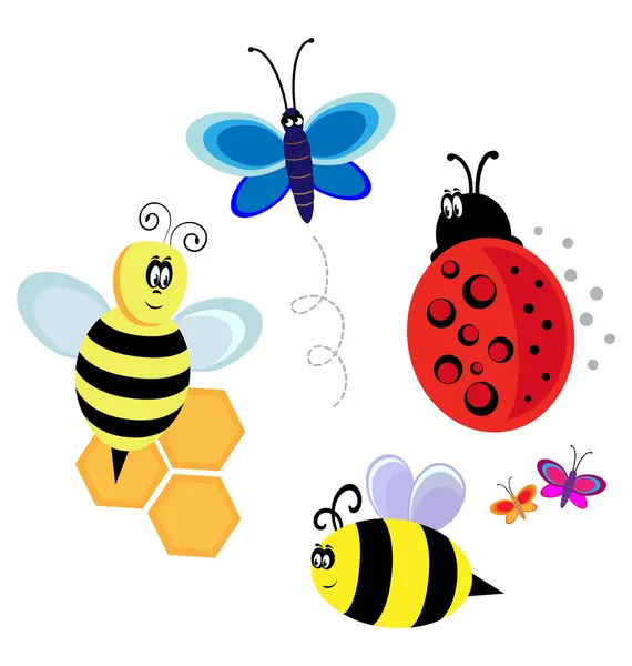 Vector characters. bugs, bee and butterfly — Stock Vector