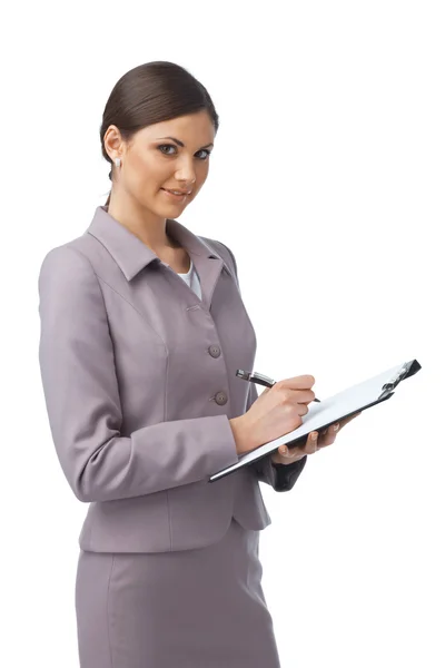 Geschäftsfrau mit Mappe und Stift — Stockfoto