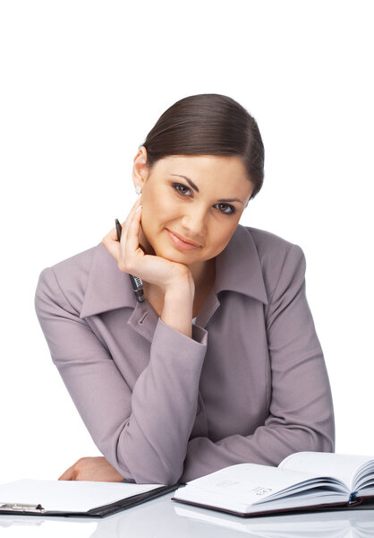 Smiling Businesswoman with Hand Under ner Chin