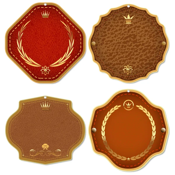 Set di etichette e emblemi di qualità premium in pelle e oro . Grafiche Vettoriali