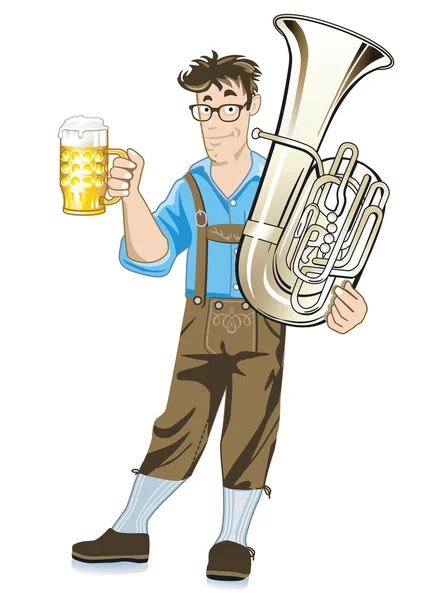 Músico bávaro com Tuba e canecas de cerveja — Vetor de Stock