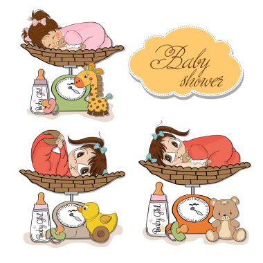 Baby girl on on weighing scale, items set on white background clipart