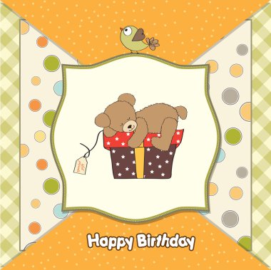 Birthday greeting card with teddy bear and big gift box clipart