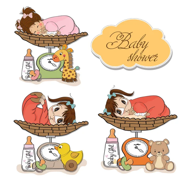 Baby meisje op weegschaal, items op witte achtergrond — Stockfoto