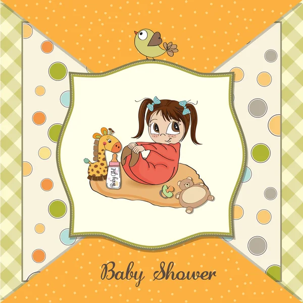 Klein meisje spelen met haar speelgoed. baby douche kaart — Stockfoto