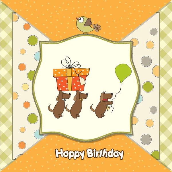 Three dogs that offer a big gift. birthday greeting card — Stock Photo, Image