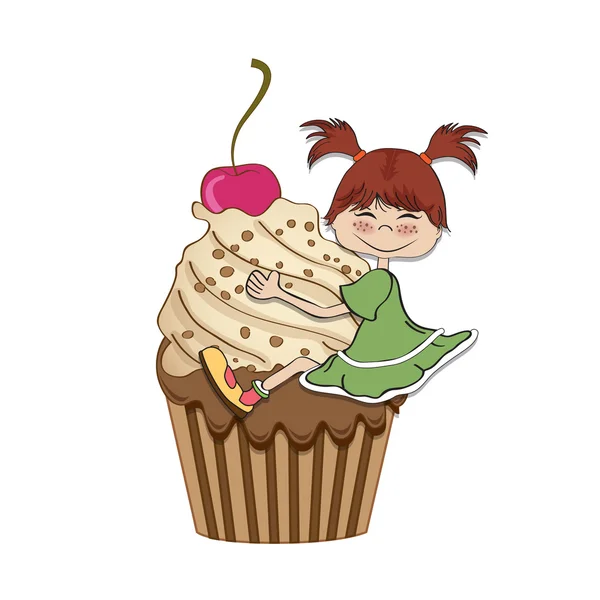 Carte d'anniversaire avec fille drôle perché sur cupcake — Photo