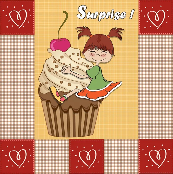 Födelsedagskort med rolig flicka uppflugen på cupcake — Stockfoto