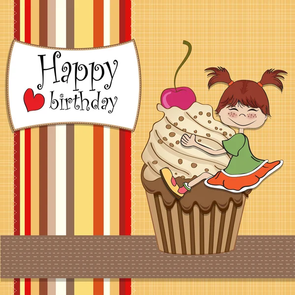 Tarjeta de cumpleaños con chica divertida encaramado en cupcake —  Fotos de Stock