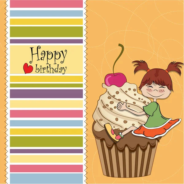 Carte d'anniversaire avec fille drôle perché sur cupcake — Photo