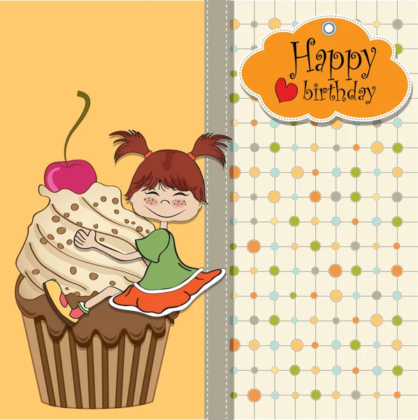 Verjaardagskaart met grappig meisje neergestreken op cupcake — Stockfoto