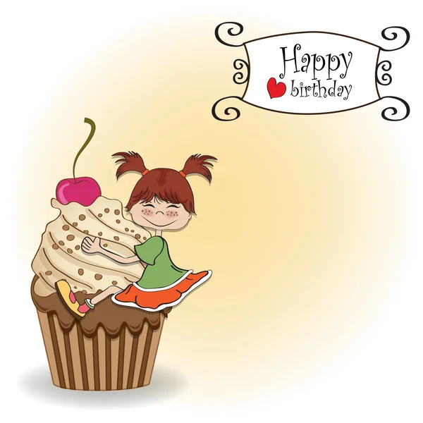 Geburtstagskarte mit lustigem Mädchen auf Cupcake — Stockfoto
