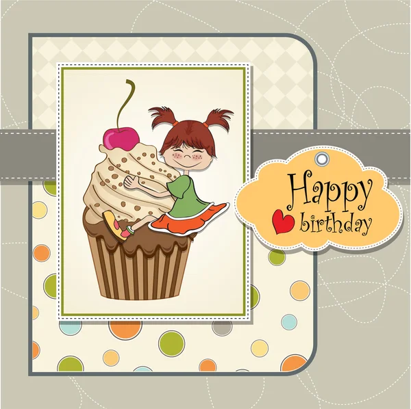 컵케이크 위에 앉아 있는 웃긴 여자 생일 카드 — 스톡 사진
