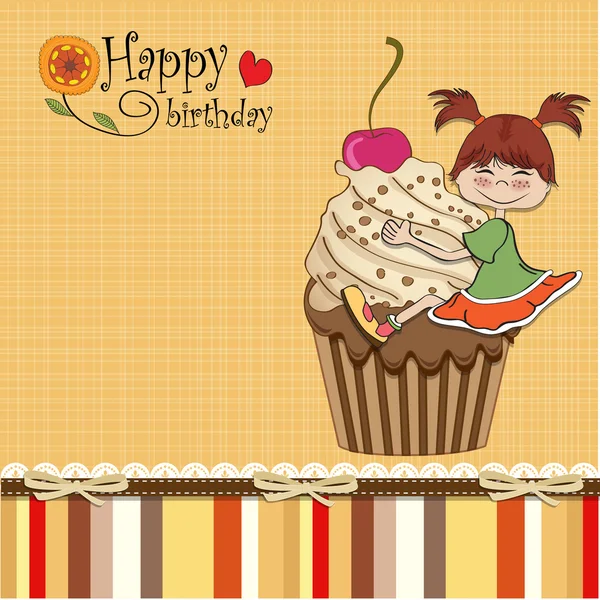 Födelsedagskort med rolig flicka uppflugen på cupcake — Stockfoto