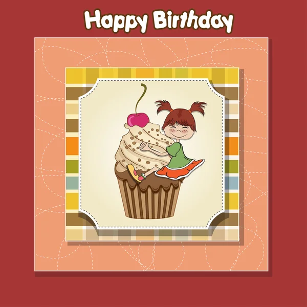 Tarjeta de cumpleaños con chica divertida encaramado en cupcake — Foto de Stock