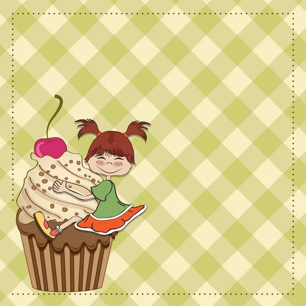 Biglietto di compleanno con divertente ragazza appollaiata su cupcake — Foto Stock