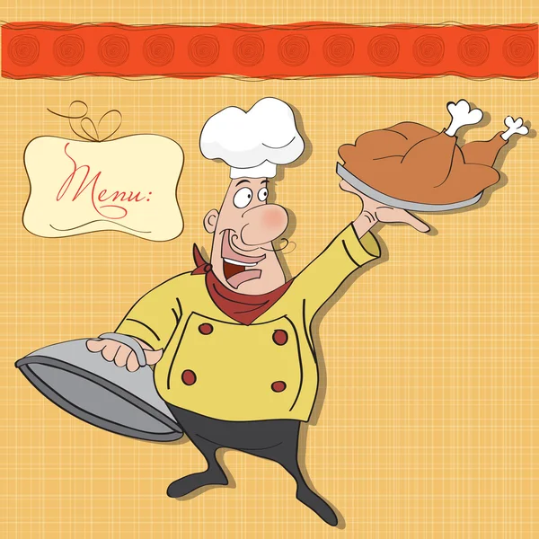 Funny cartoon chef with tray of food in hand — Stock Photo, Image