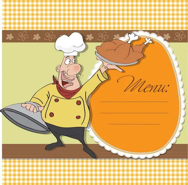 Engraçado chef de desenhos animados com bandeja de comida na mão — Fotografia de Stock