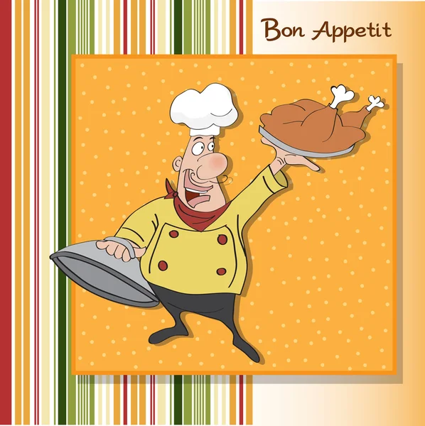 Αστείο καρτούν σεφ με το δίσκο των τροφίμων στο χέρι — Φωτογραφία Αρχείου