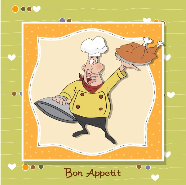 Vtipné kreslené kuchař s podnos s jídlem v ruce — Stock fotografie