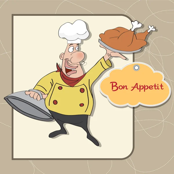 Αστείο καρτούν σεφ με το δίσκο των τροφίμων στο χέρι — Φωτογραφία Αρχείου