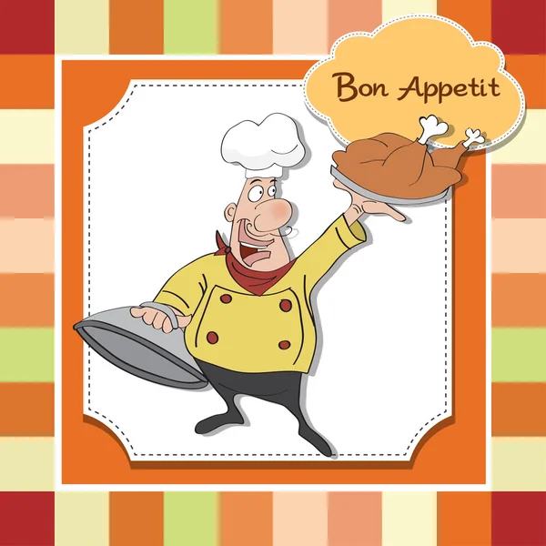 Drôle de chef de dessin animé avec plateau de nourriture à la main — Photo