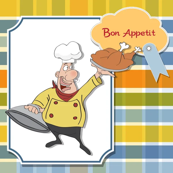 Śmieszne kreskówka kucharz z tacą pożywienia w ręku — Zdjęcie stockowe