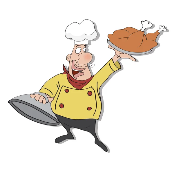 Engraçado chef de desenhos animados com bandeja de comida na mão — Fotografia de Stock