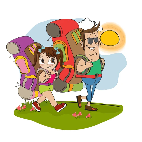 Pai e filha turista viajando com mochilas — Fotografia de Stock