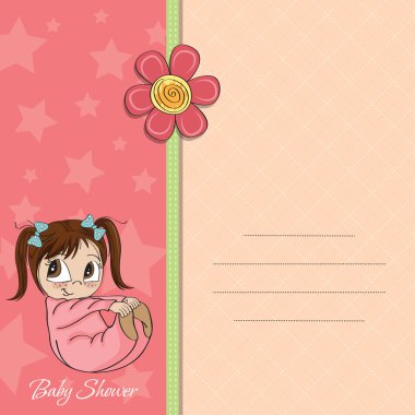 New baby girl announcement card with little girl clipart