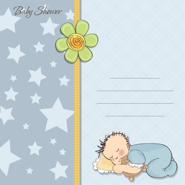 Baby shower card with little baby boy sleep with his teddy bear toy clipart