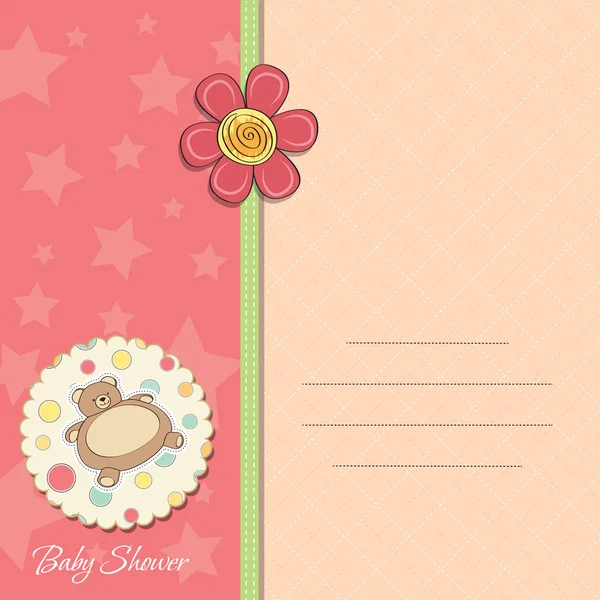 Baby flicka dusch kort med nalle — Stockfoto