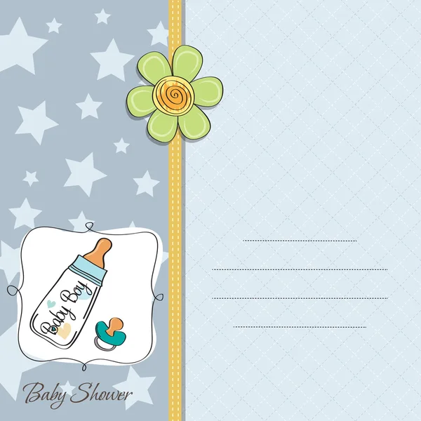Baby aankondigingskaart met melkfles en fopspeen — Stockfoto