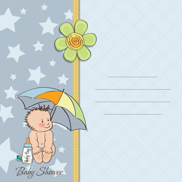 Bebê menino chuveiro cartão com engraçado bebê sob seu guarda-chuva — Fotografia de Stock