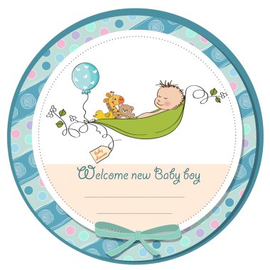 Little boy sleeping in a pea been, baby announcement card clipart