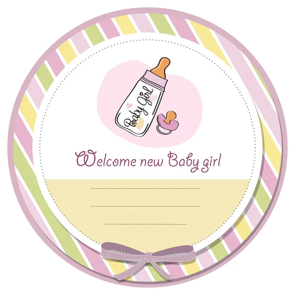 Új baba lány bejelentő kártya tejes üveg és cumi — Stock Fotó