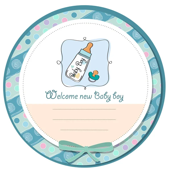 Baby aankondigingskaart met melkfles en fopspeen — Stockfoto