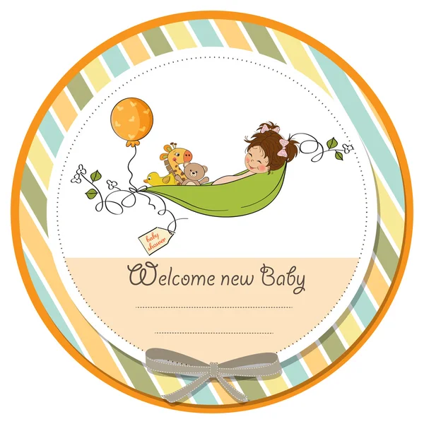 Little girl siting in a pea been. baby announcement card — Stock Photo, Image