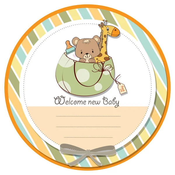 Nieuwe baby aankondiging kaart met tas en hetzelfde speelgoed — Stockfoto