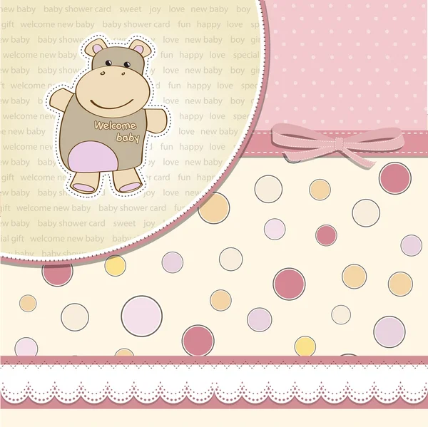 Dziecko dziewczynka zapowiedź karty z zabawką hipopotam — Zdjęcie stockowe