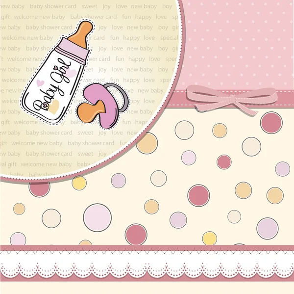 Süt şişesi ve emziği olan yeni kız bebek duyuru kartı — Stok fotoğraf